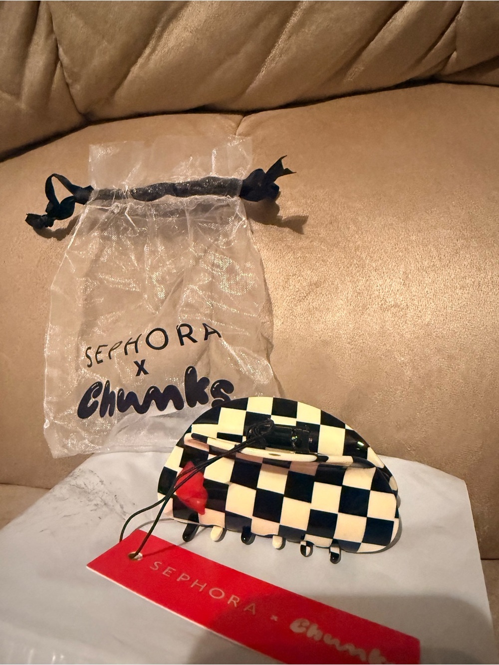 Sephora X Chunks Black and Cream Checkered Hair Claw Clip with Red Accent